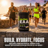 NutraBio Alpha EAA detalle de polvo con BCAAs veganos que favorecen recuperación