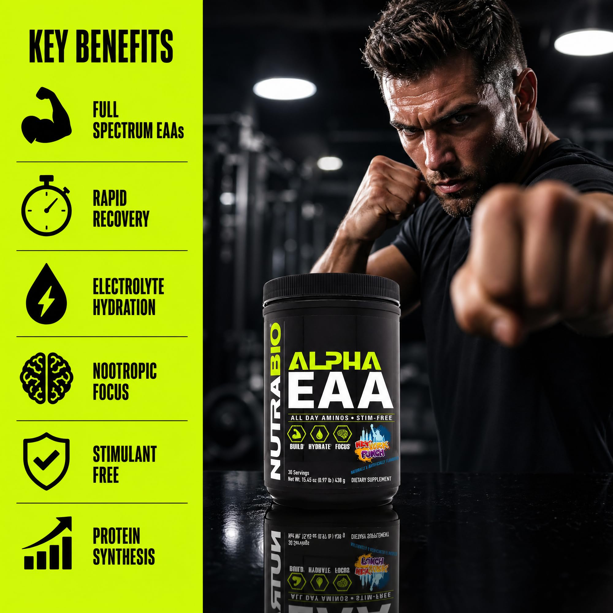 Atleta usando NutraBio Alpha EAA en gimnasio evidenciando recuperación y energía no estimulante