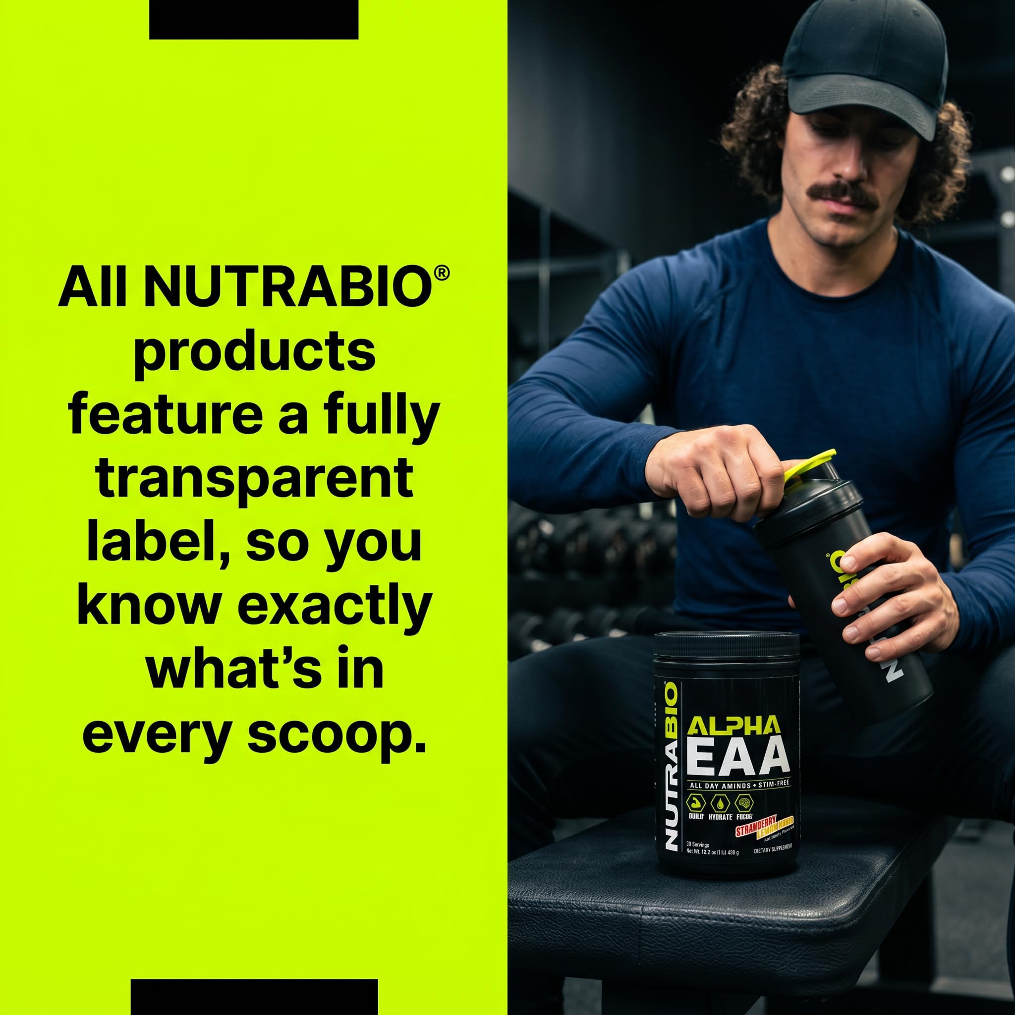 Persona usando NutraBio Alpha EAA en gimnasio recuperación activa
