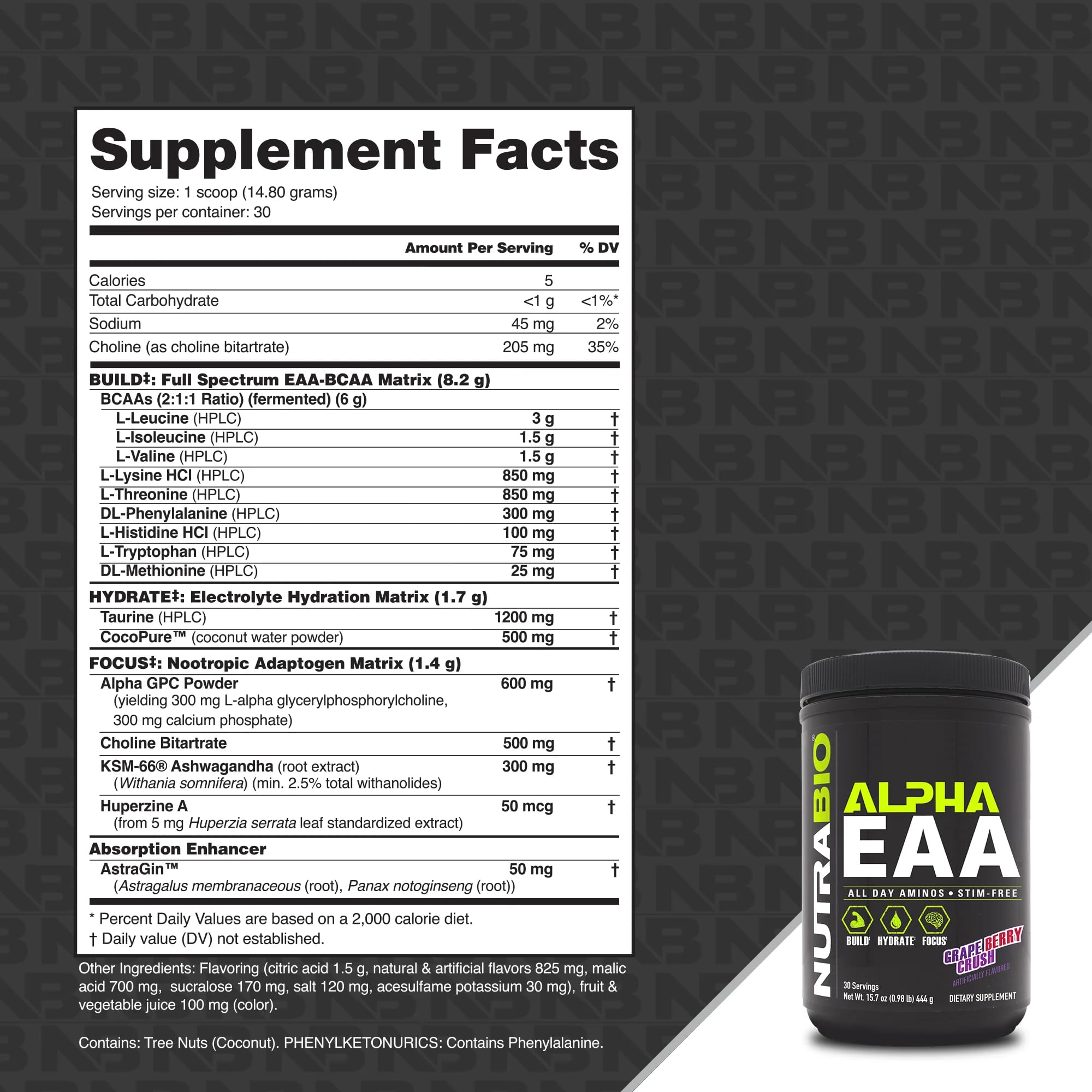 NutraBio Alpha EAA envase abierto mostrando polvo y facilidad de mezcla