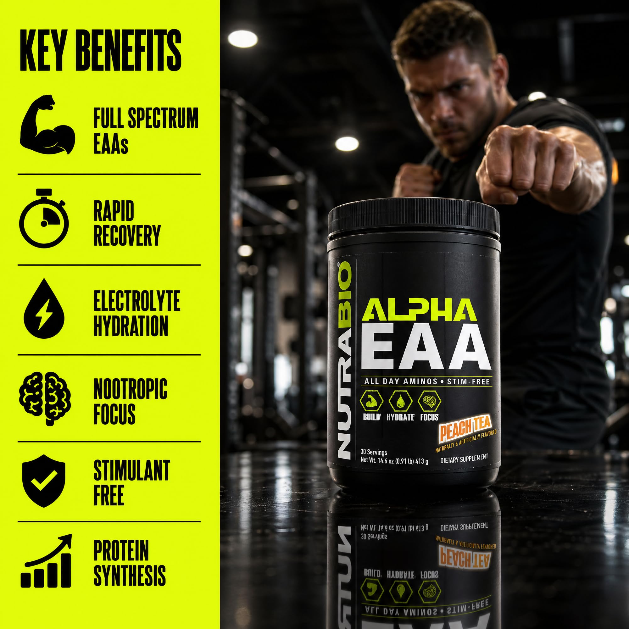 NutraBio Alpha EAA etiqueta informativa destacando transparencia y dosis