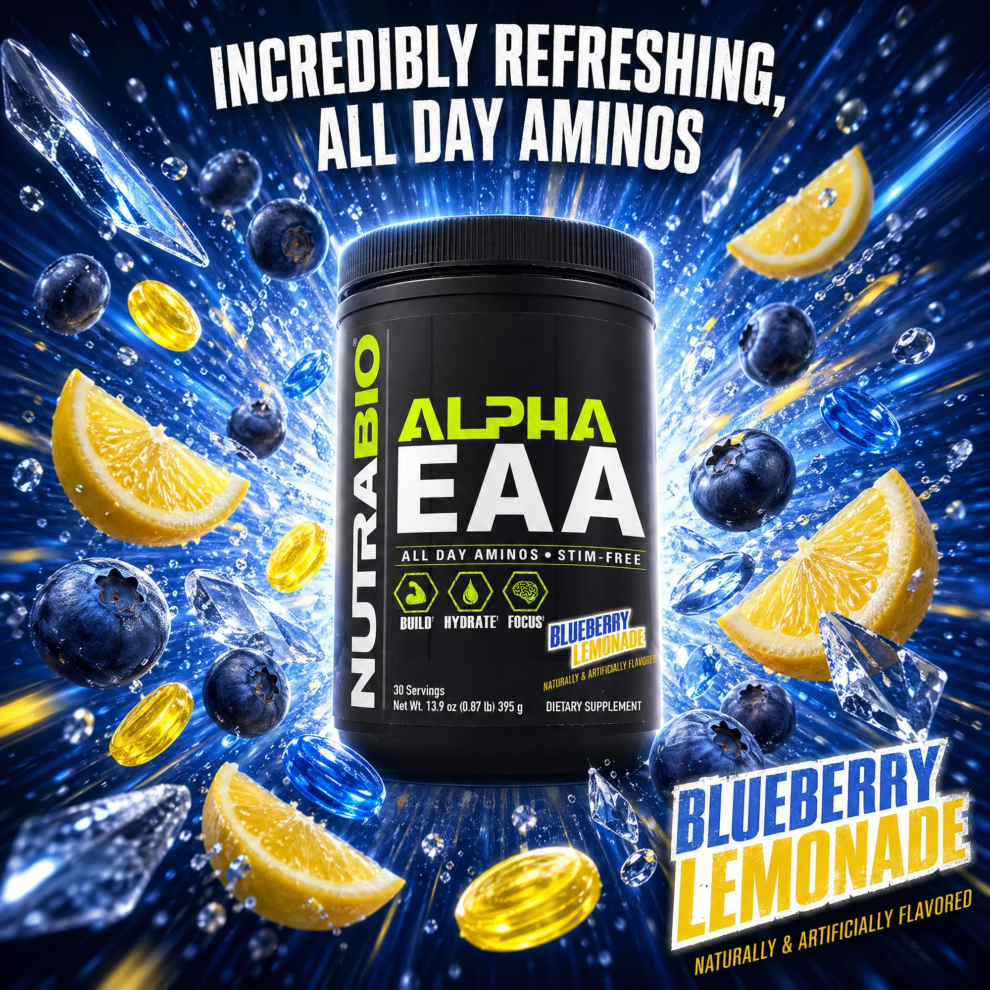 NutraBio Alpha EAA etiqueta de ingredientes completa evidenciando pruebas de terceros