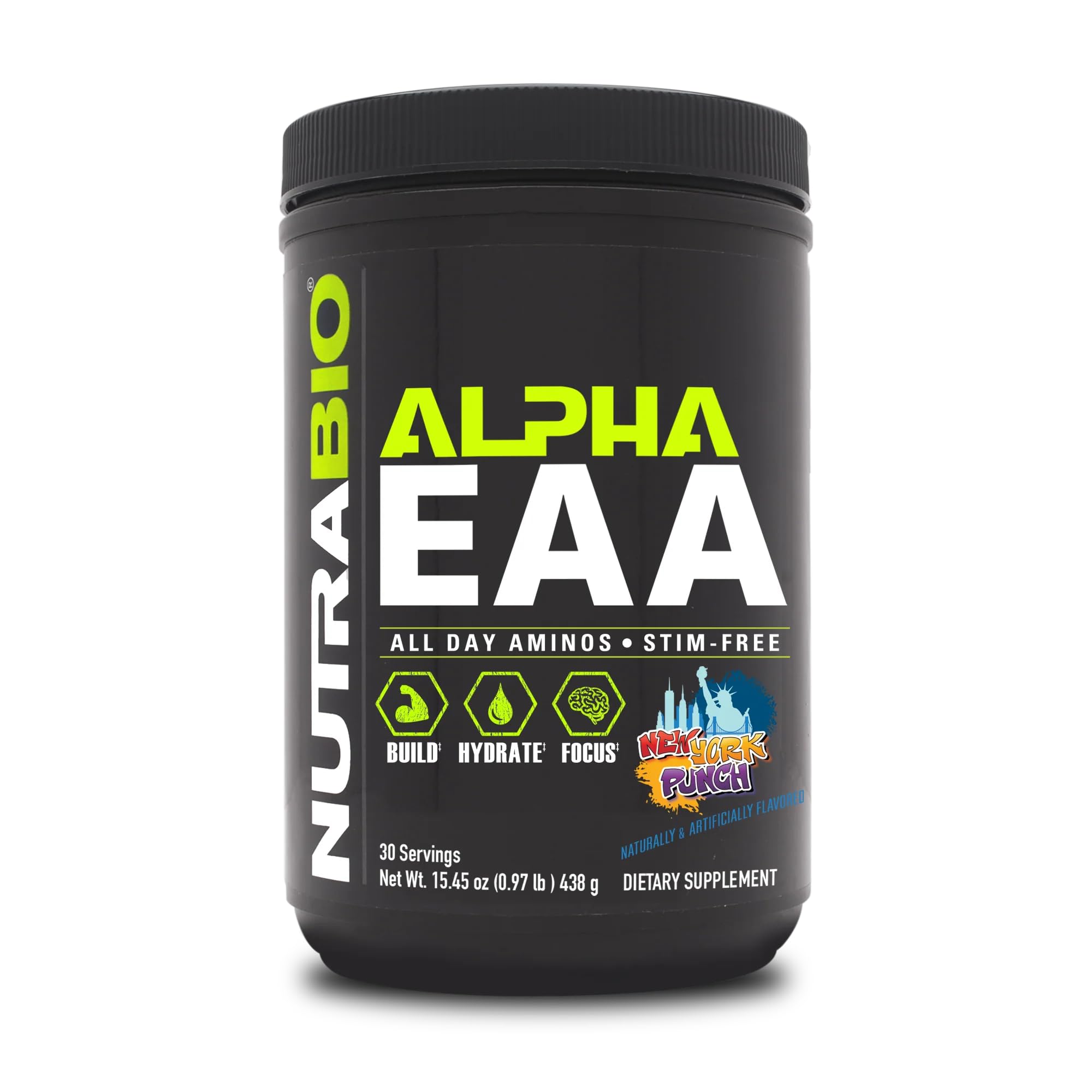 NutraBio Alpha EAA frente del envase mostrando marca y beneficio de recuperación