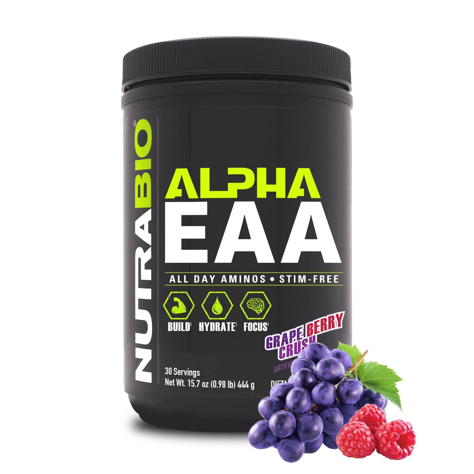 NutraBio Alpha EAA vista frontal con etiqueta clara y beneficio de recuperación