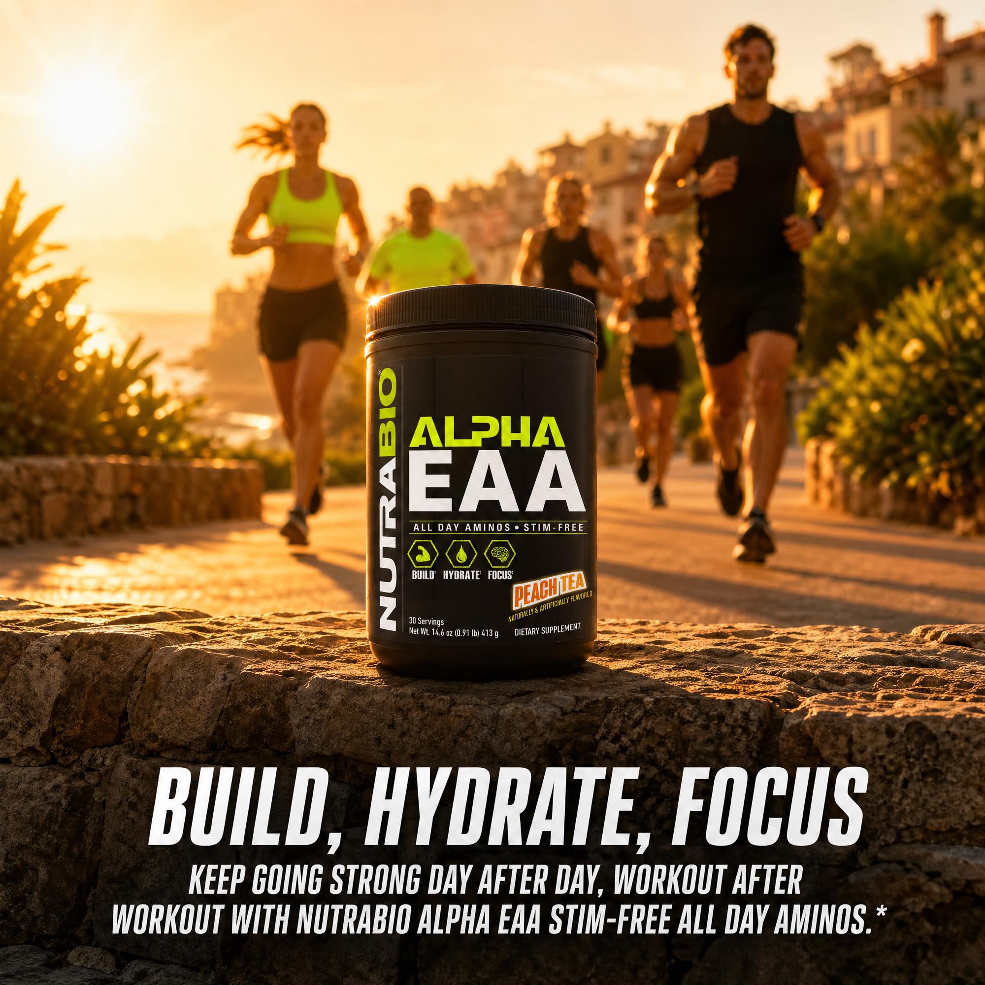 NutraBio Alpha EAA lista de ingredientes con enfoque en EAAs y electrolitos