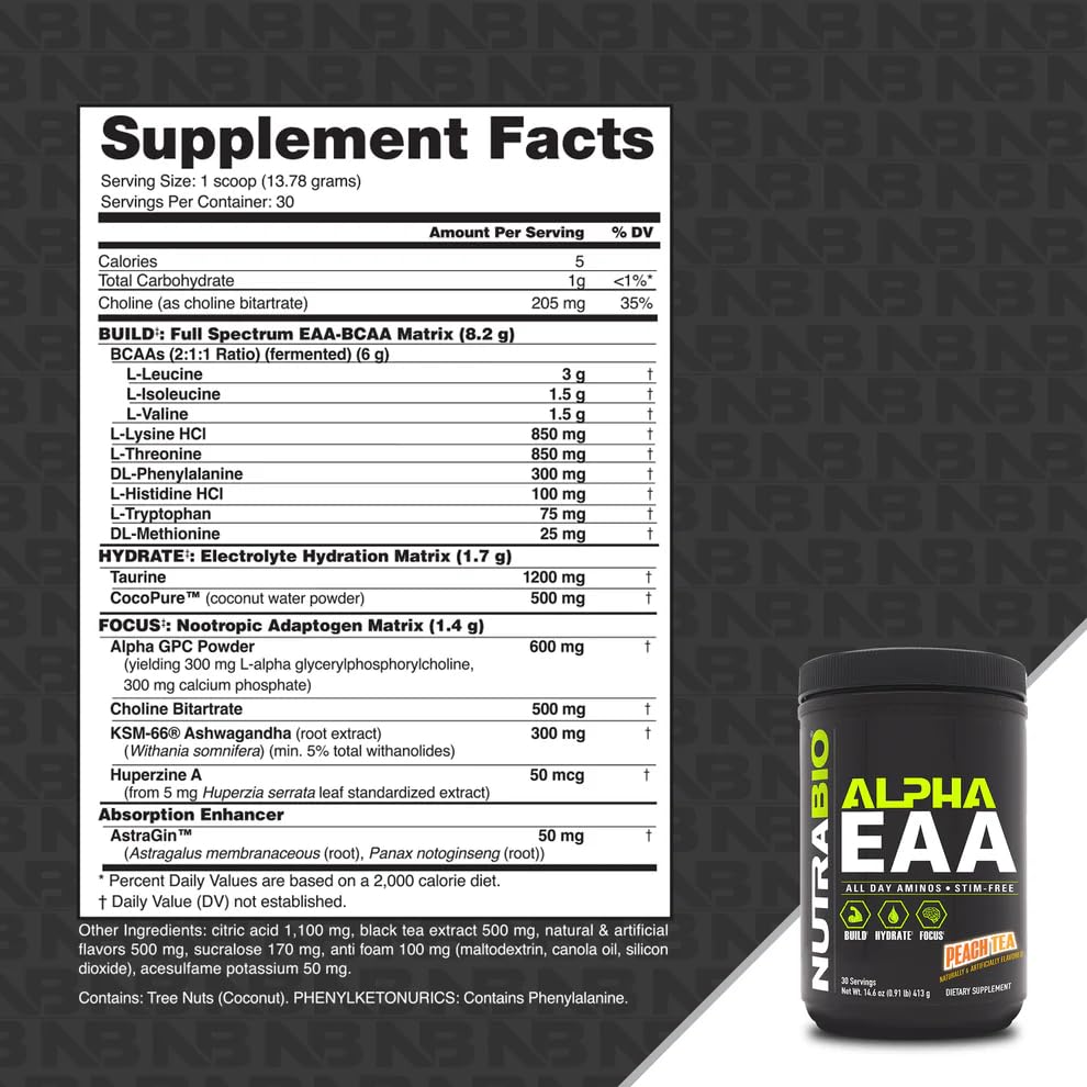 NutraBio Alpha EAA polvo cerca que revela textura y solubilidad rápida