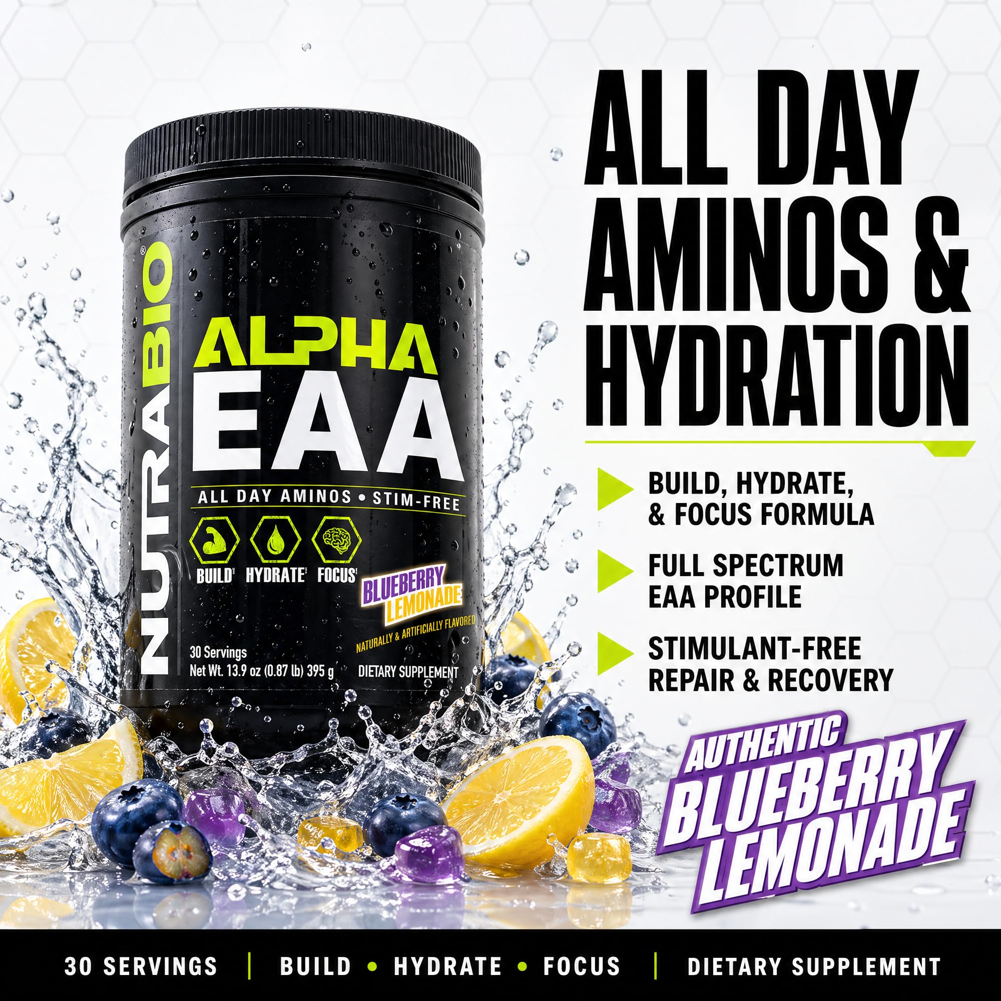 NutraBio Alpha EAA servicio mezclado en vaso listo para beber, hidrata y recupera