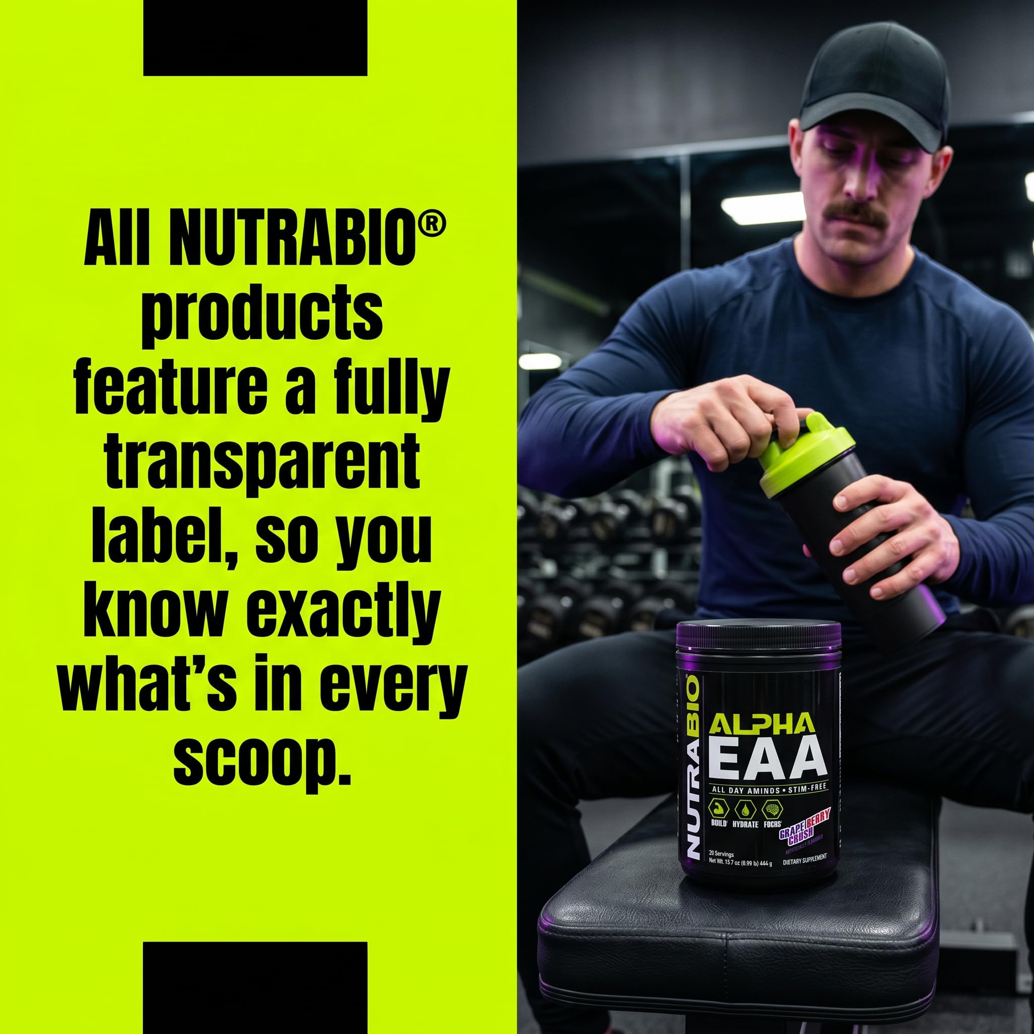 NutraBio Alpha EAA en uso durante entrenamiento, enfoque y resistencia mejorados