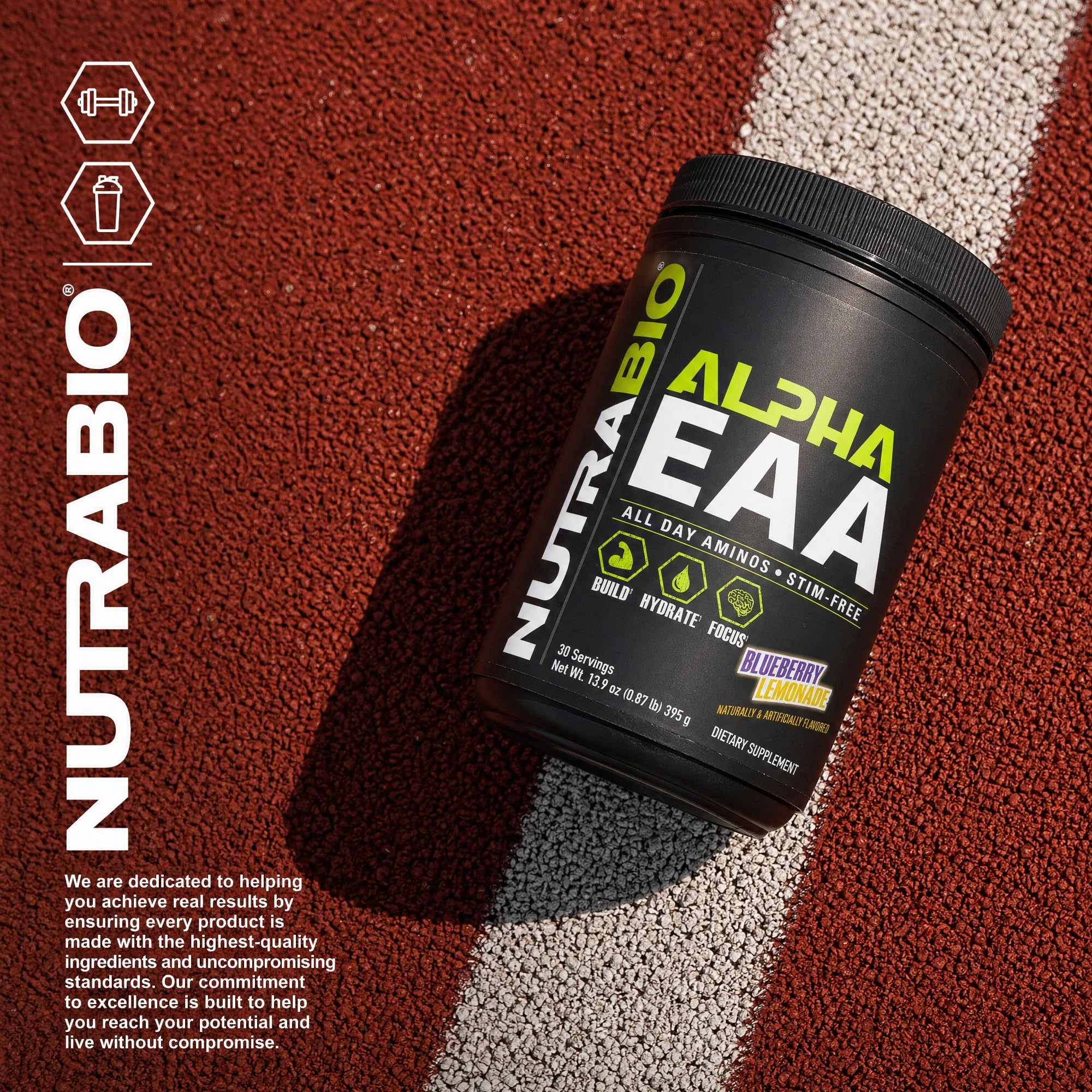 NutraBio Alpha EAA uso durante entrenamiento en gimnasio para resistencia y enfoque