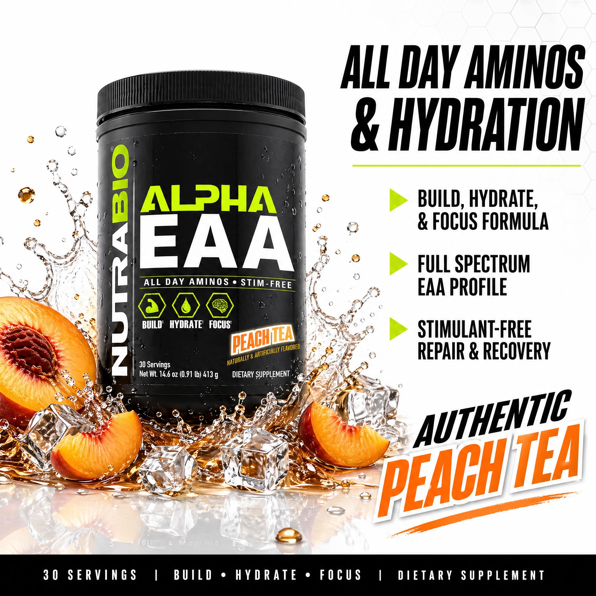 NutraBio Alpha EAA vaso mezclado demostrando apariencia lista para beber