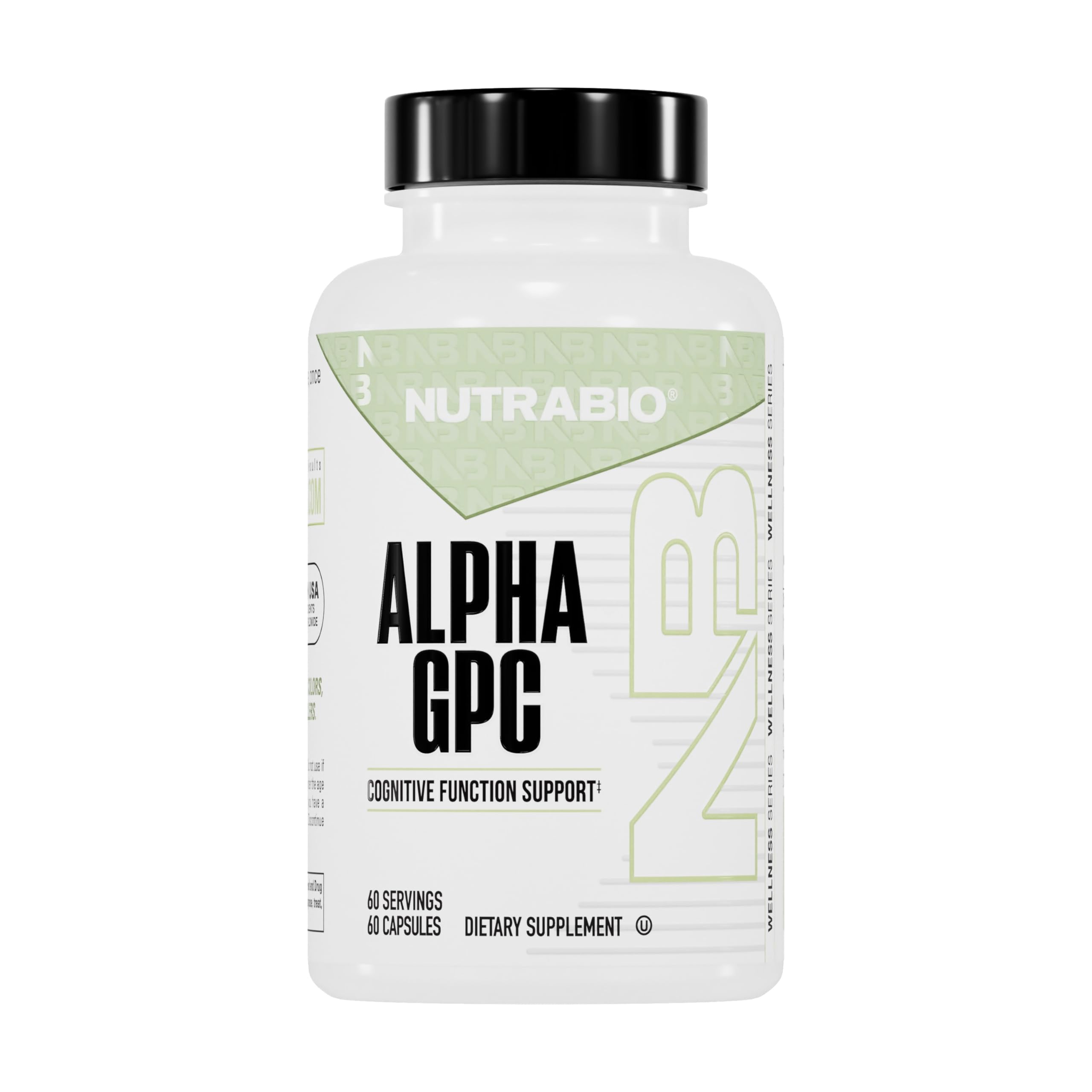 NutraBio bote frontal del suplemento Alpha GPC 300 mg mostrando calidad