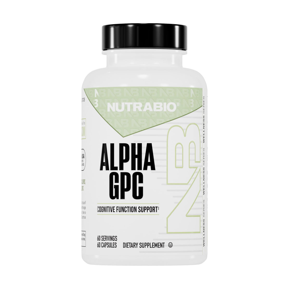 NutraBio bote frontal del suplemento Alpha GPC 300 mg mostrando calidad
