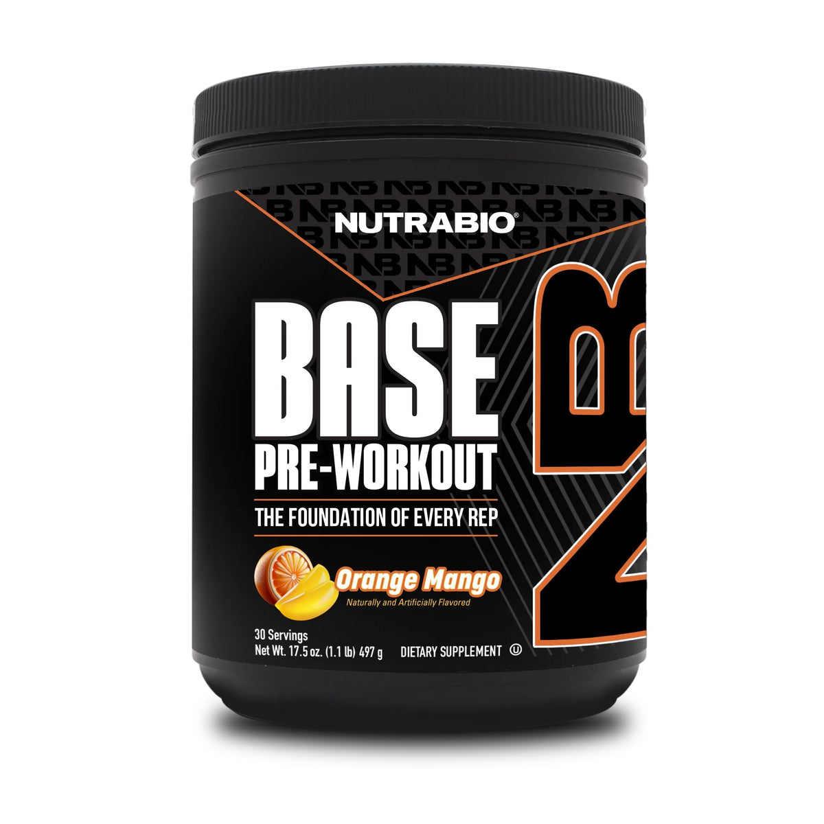 NutraBio Base envase frontal mostrando 30 servicios y sabor Naranja Mango