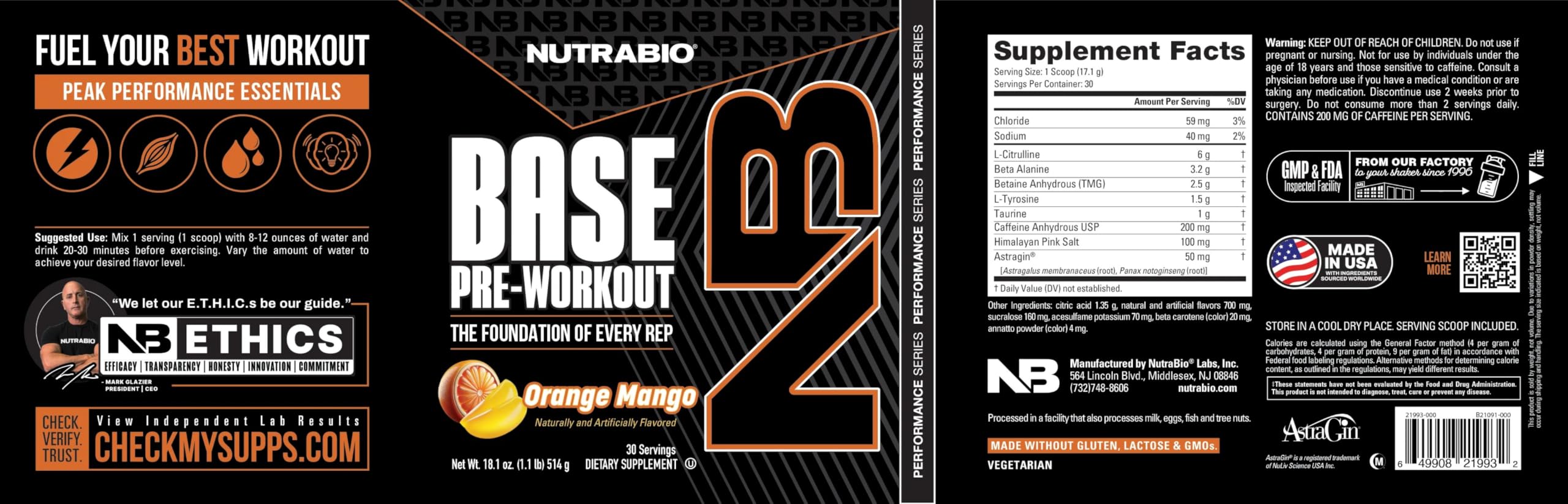 NutraBio Base polvo naranja mango con color vibrante y atractiva mezcla