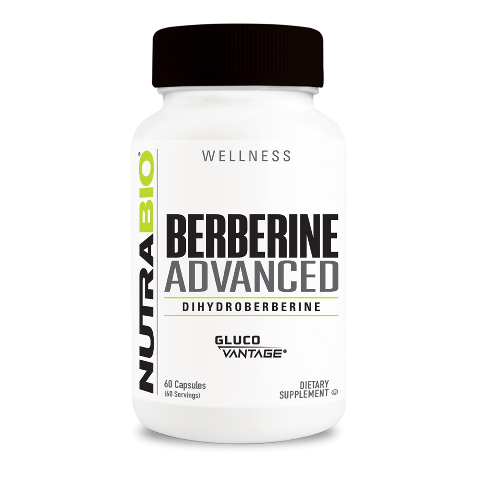 NutraBio botella frontal mostrando Berberine Advanced y ventaja de absorción