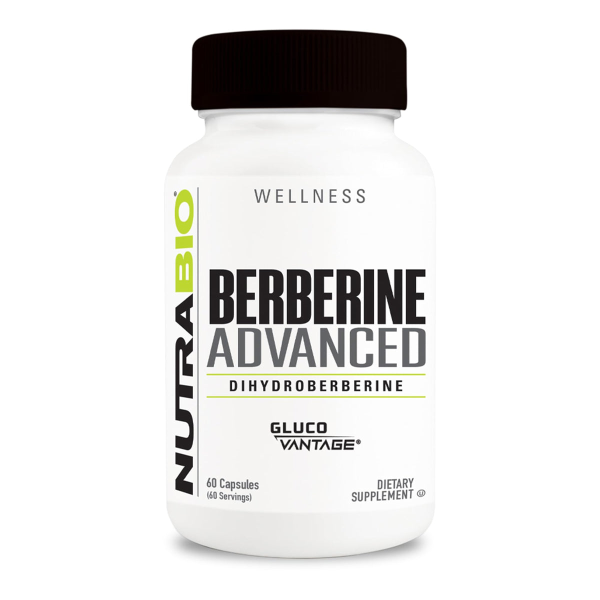 NutraBio botella frontal mostrando Berberine Advanced y ventaja de absorción