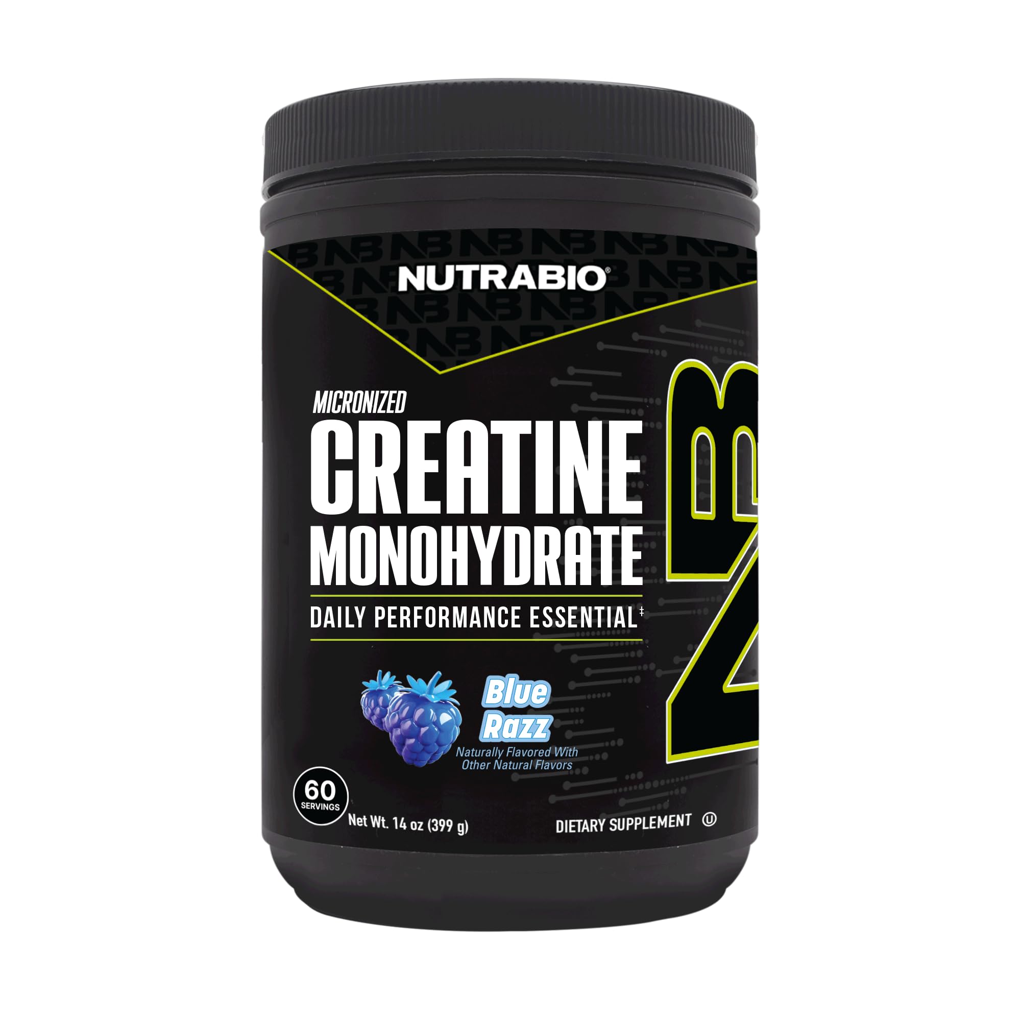 NutraBio envase frontal Blue Razz mostrando diseño y tamaño, ayuda a identificar el producto
