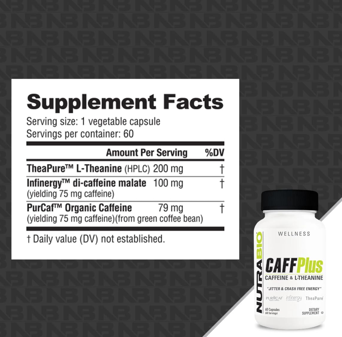 NutraBio CaffPlus cápsulas vegetales detalle, fácil de tragar