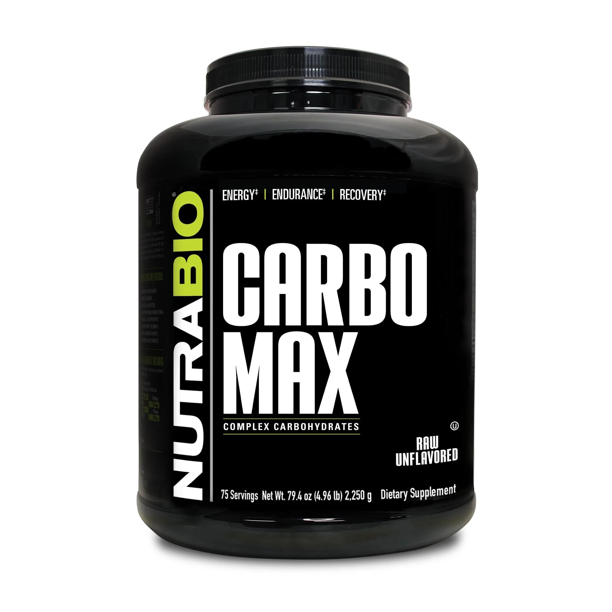 NutraBio envase frontal de CarboMax mostrando diseño y tamaño