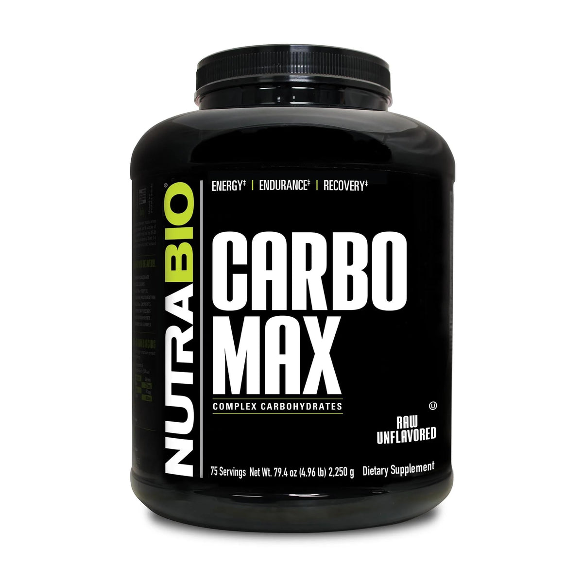NutraBio envase frontal de CarboMax mostrando diseño y tamaño