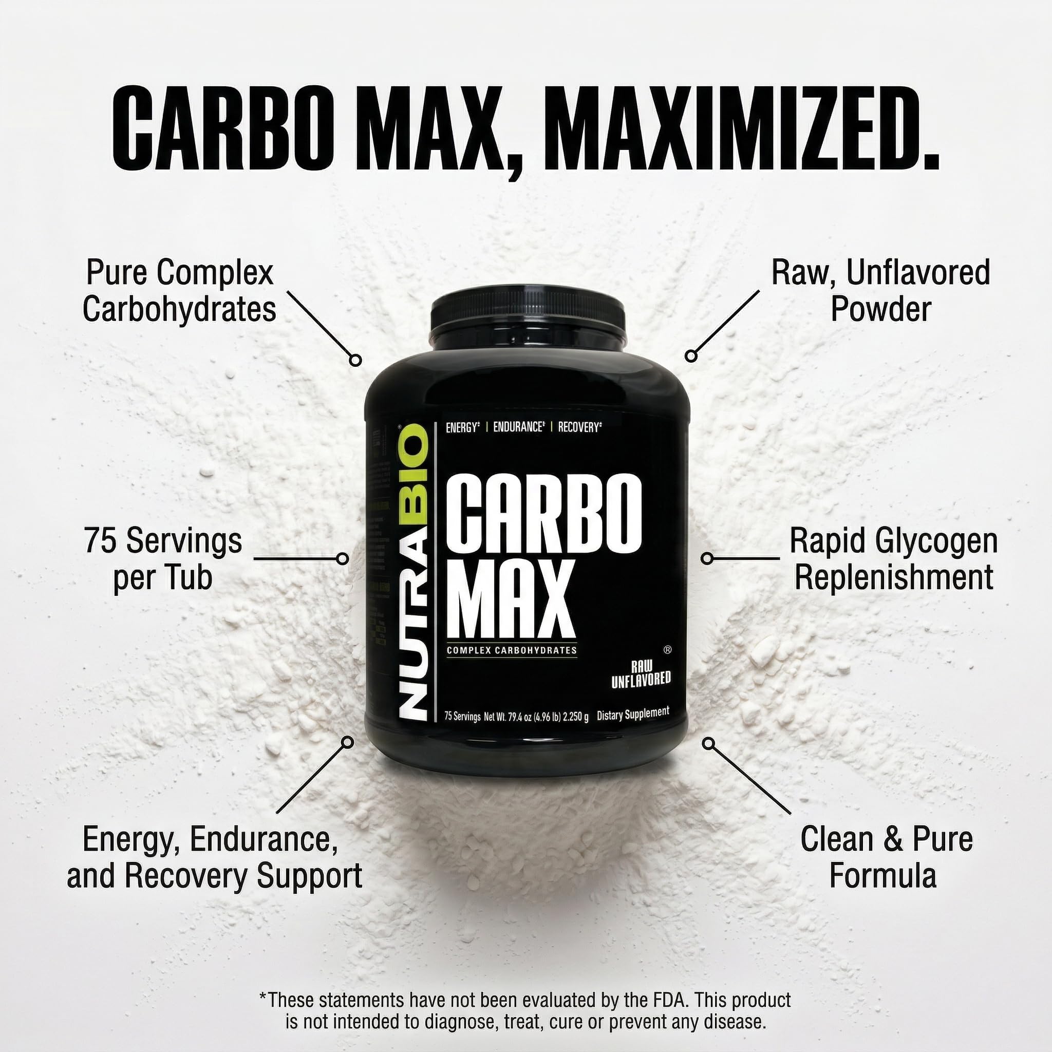 NutraBio cucharada medidora con CarboMax mostrando porción exacta