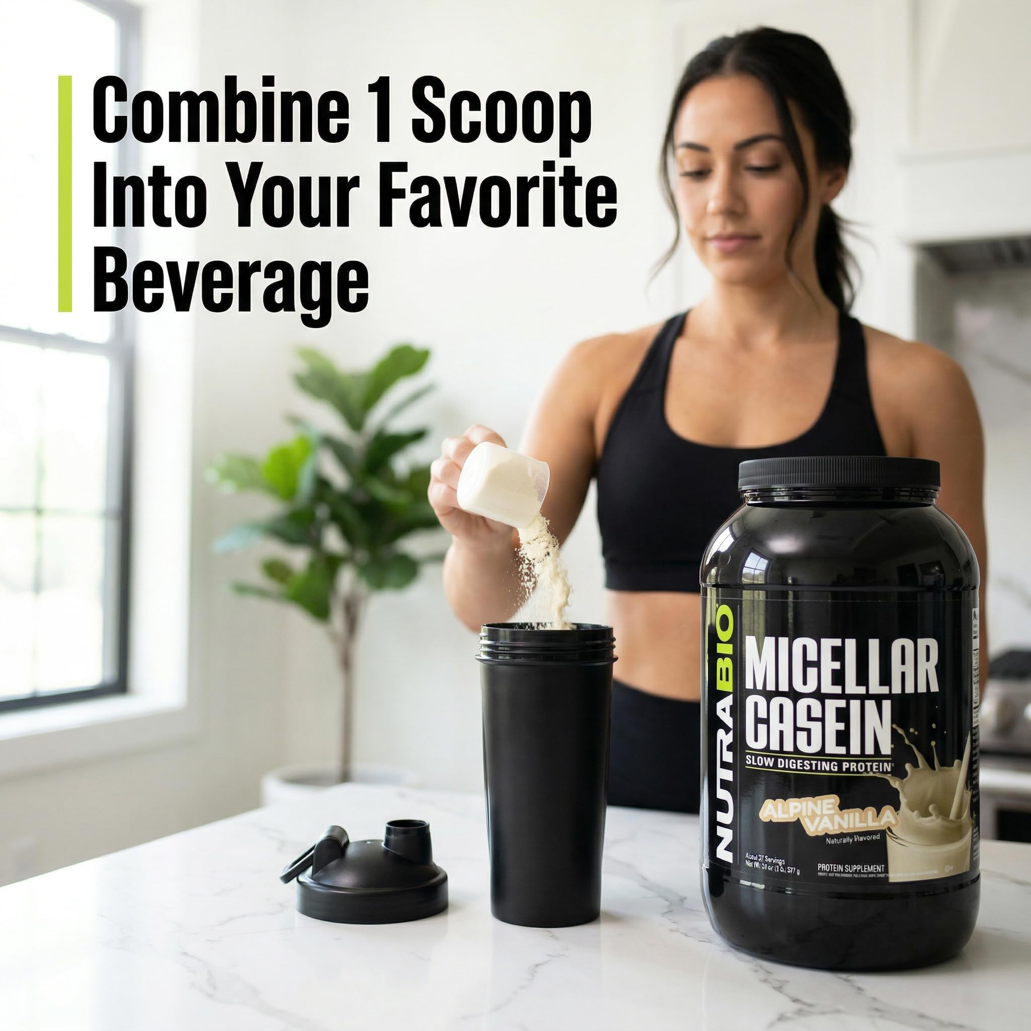 NutraBio envase 2 lb junto a objeto para comparar tamaño real