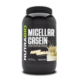 NutraBio envase frontal de casein 2 lb mostrando diseño y sabor vainilla