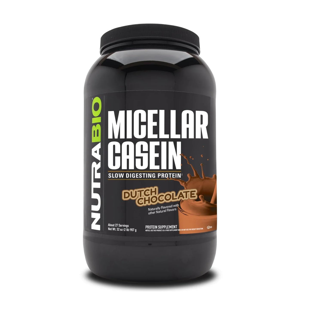 NutraBio frente del envase de casein chocolate muestra presentación 2lb y pureza