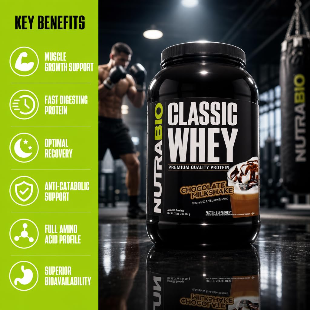 NutraBio Classic Whey batido en vaso listo para beber post entrenamiento