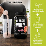 Comparación de tamaño del frasco NutraBio Classic Whey 2 lb para ver escala y duración del producto