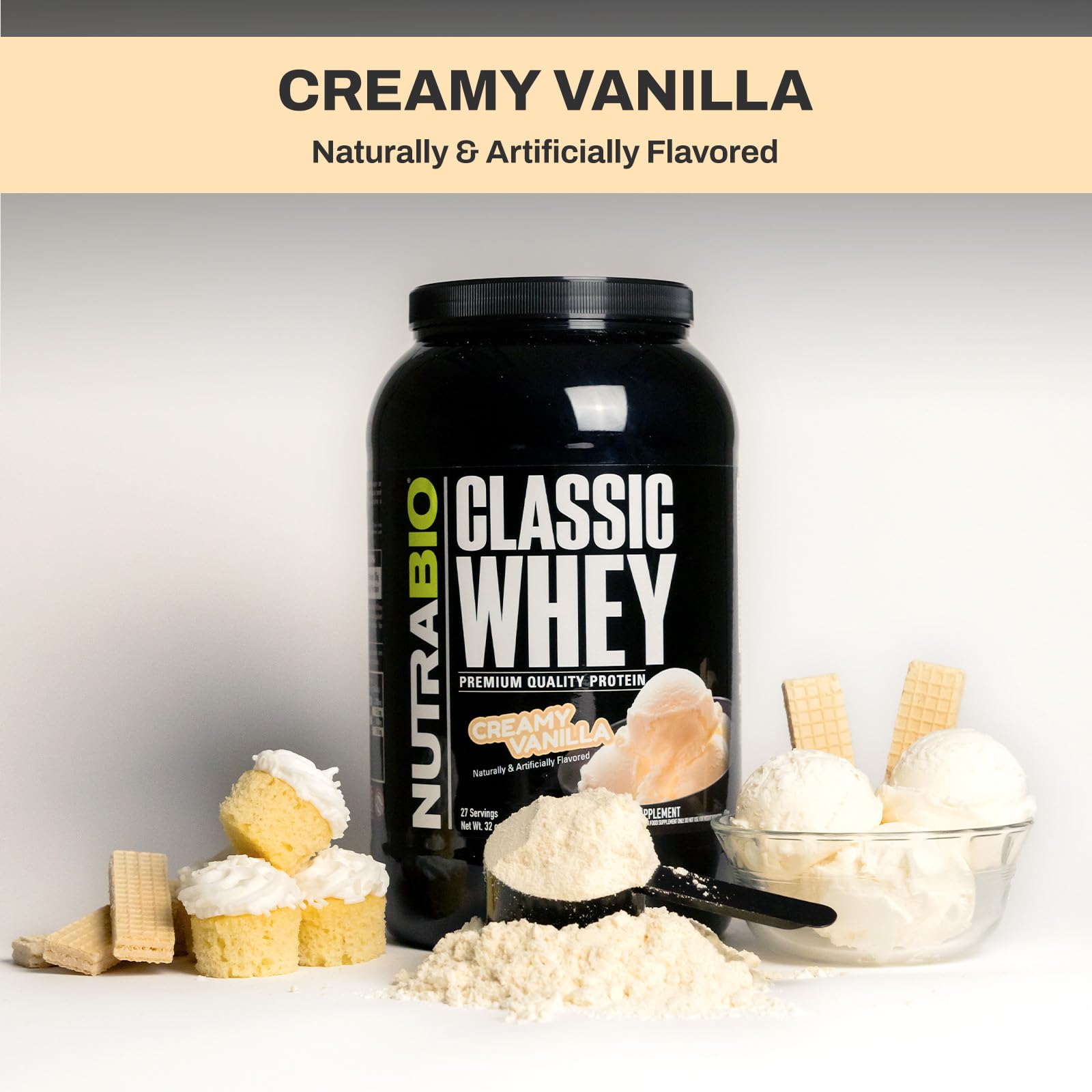 Comparación de tamaño del bote de 2 lb NutraBio Classic Whey con objetos cotidianos, escala realista
