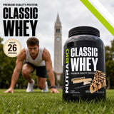 Detalle del sello de pruebas externas en el envase NutraBio Classic Whey certificando calidad y pureza
