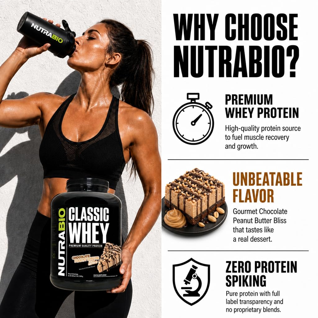 Licuadora con NutraBio Classic Whey y plátano mostrando uso en recetas y sabor