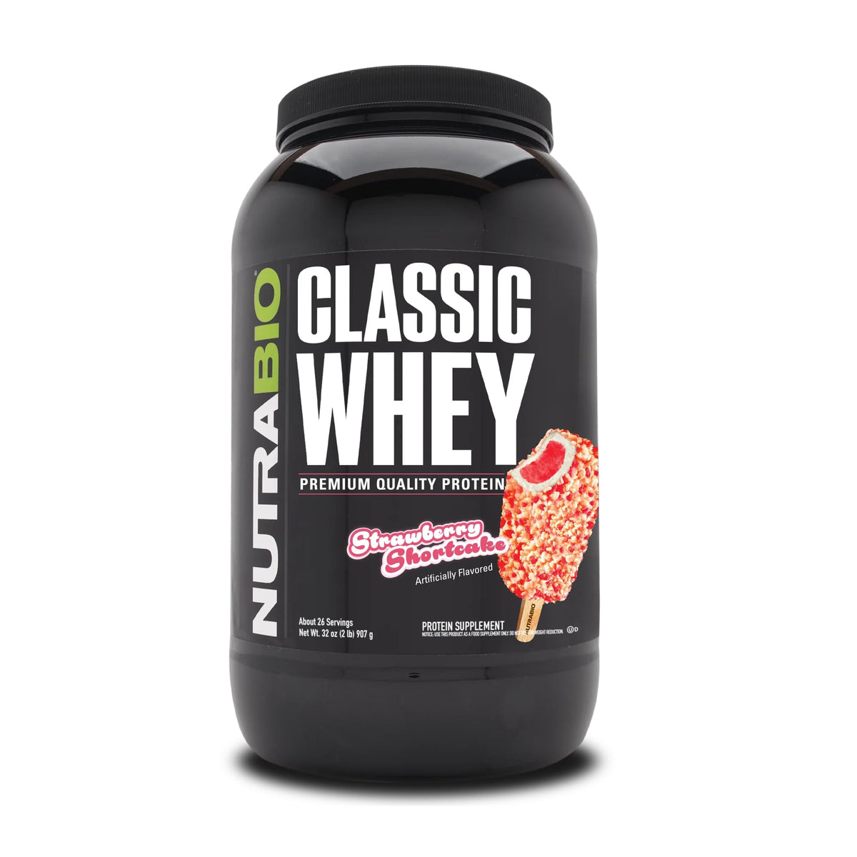 NutraBio envase frontal de Classic Whey sabor Strawberry Shortcake mostrando marca y beneficio proteína pura