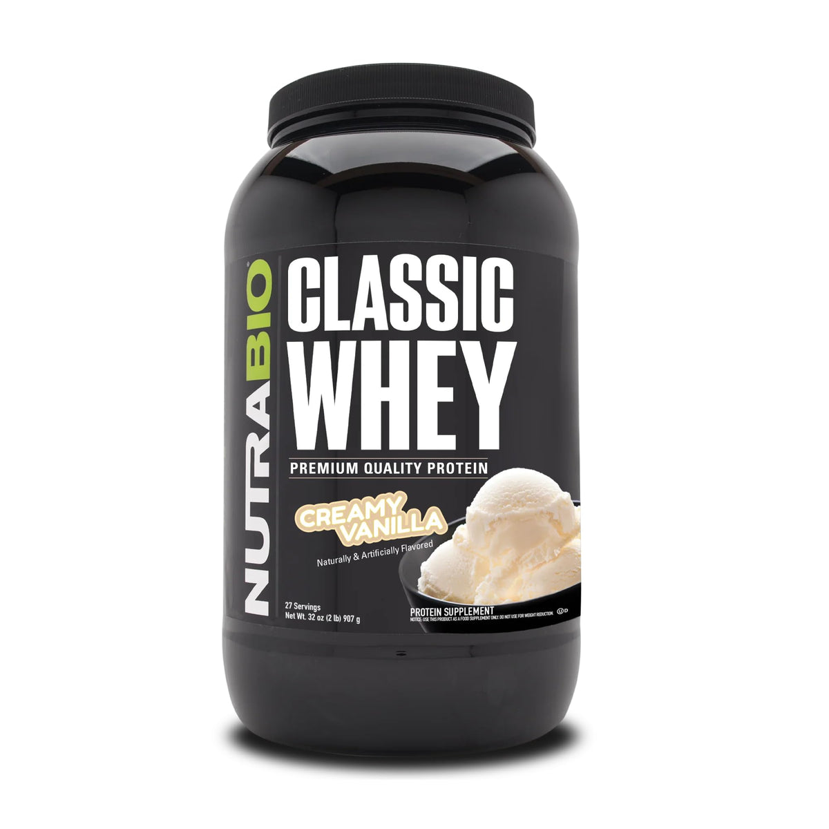 NutraBio envase frontal de Classic Whey mostrando 2 lb y sabor vainilla, confianza en la calidad