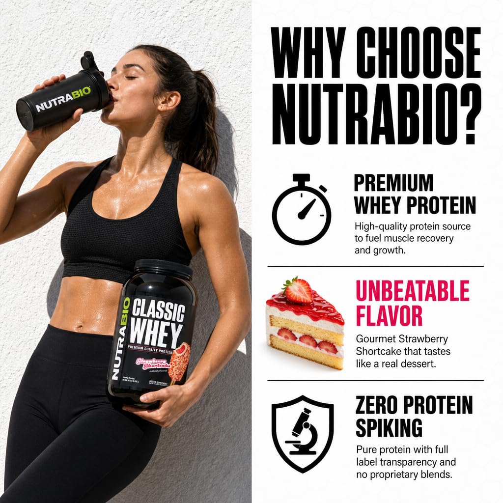 Etiqueta nutricional de NutraBio Classic Whey destacando transparencia y sin blends ocultos