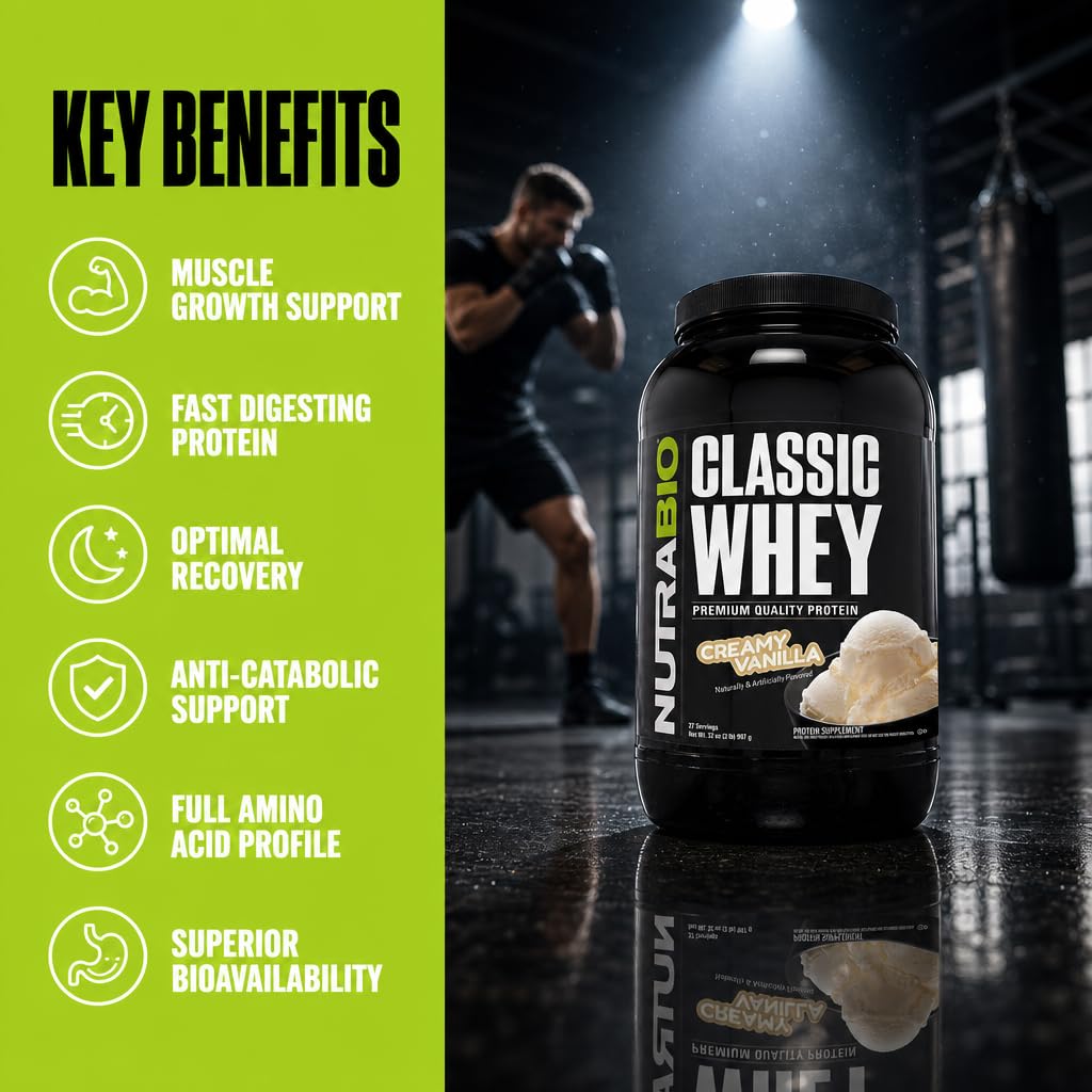 Etiqueta nutricional de NutraBio Classic Whey mostrando lista completa de ingredientes y transparencia