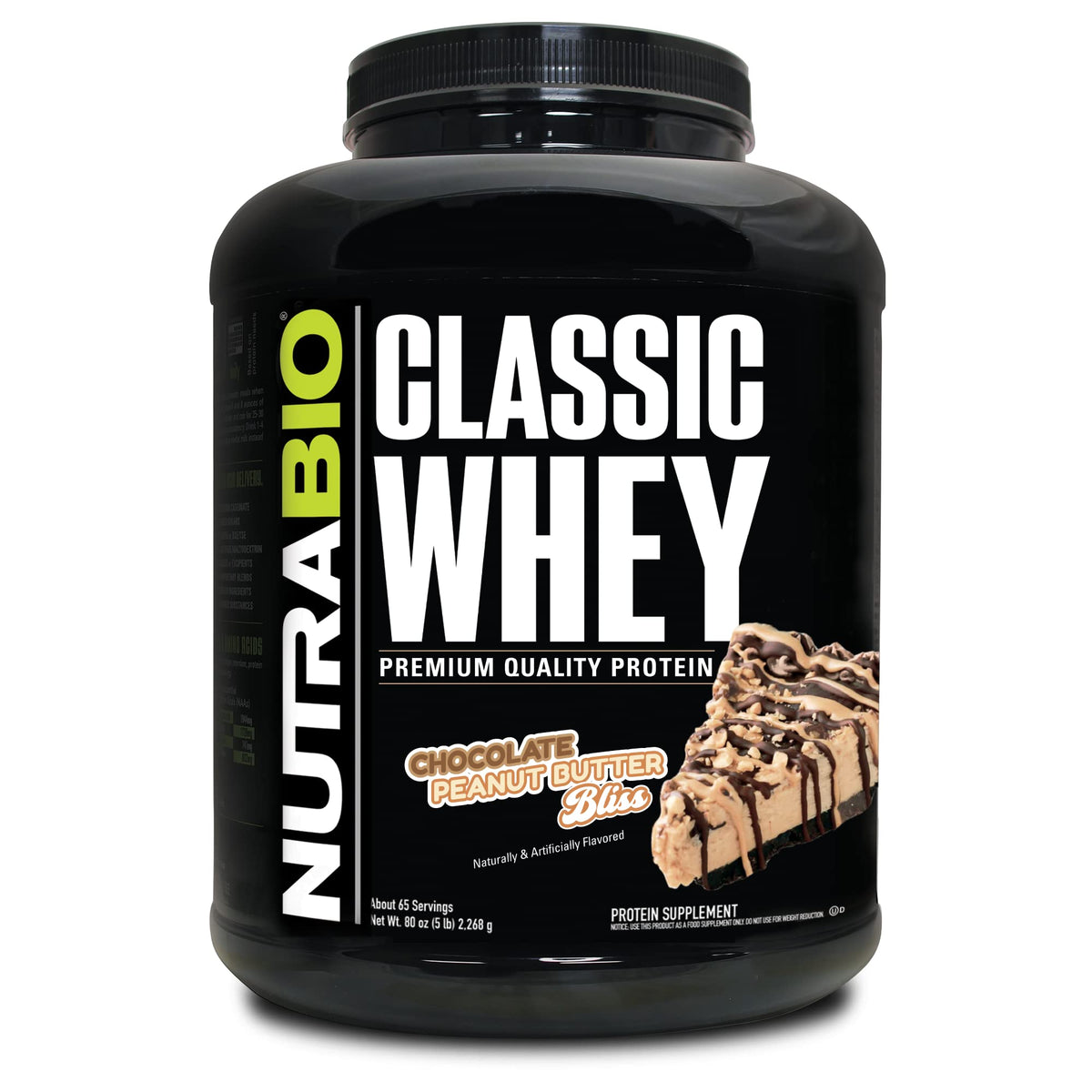 NutraBio envase frontal Classic Whey chocolate peanut butter mostrando tamaño y marca