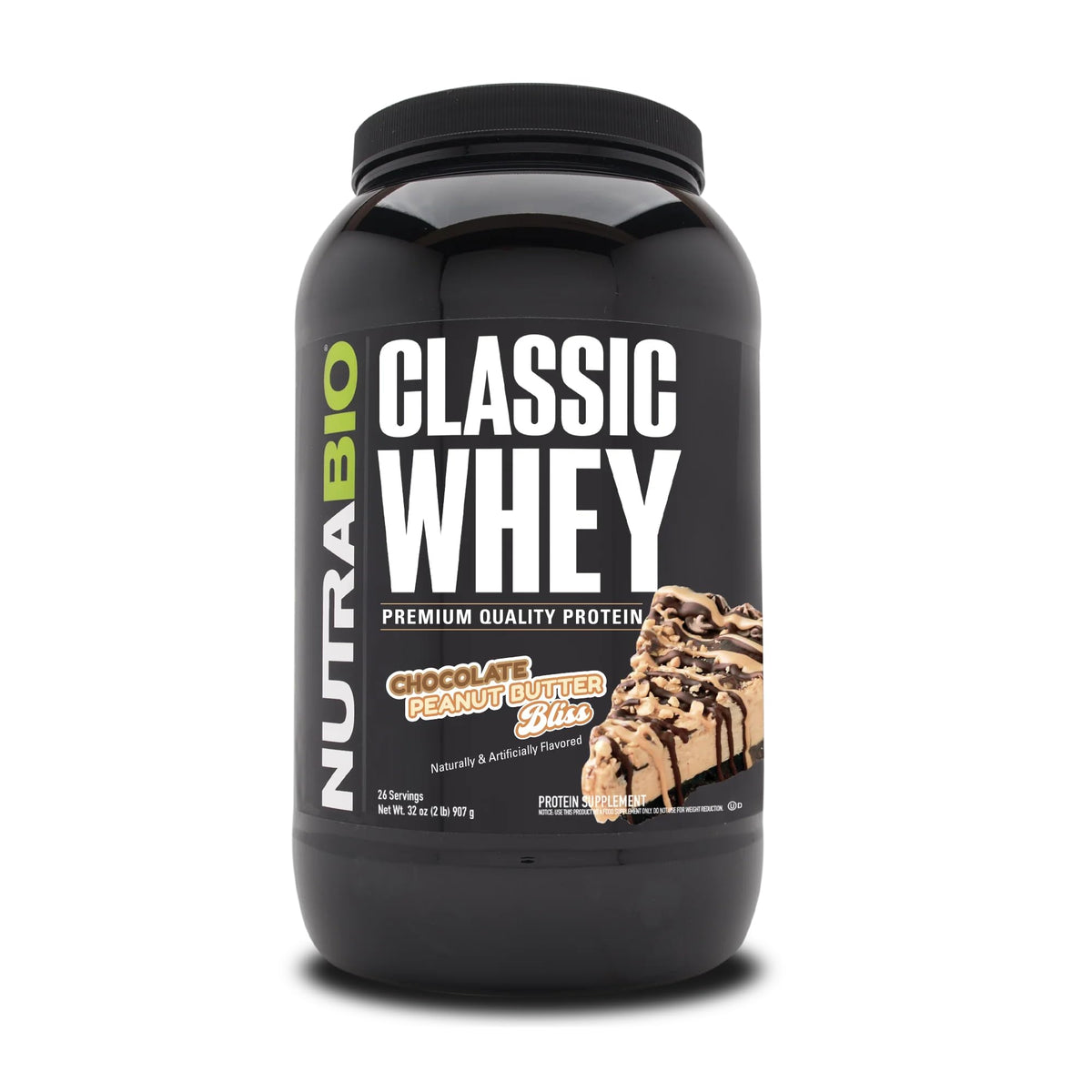 NutraBio envase frontal de Classic Whey sabor Chocolate Peanut Butter mostrando etiqueta limpia y beneficios
