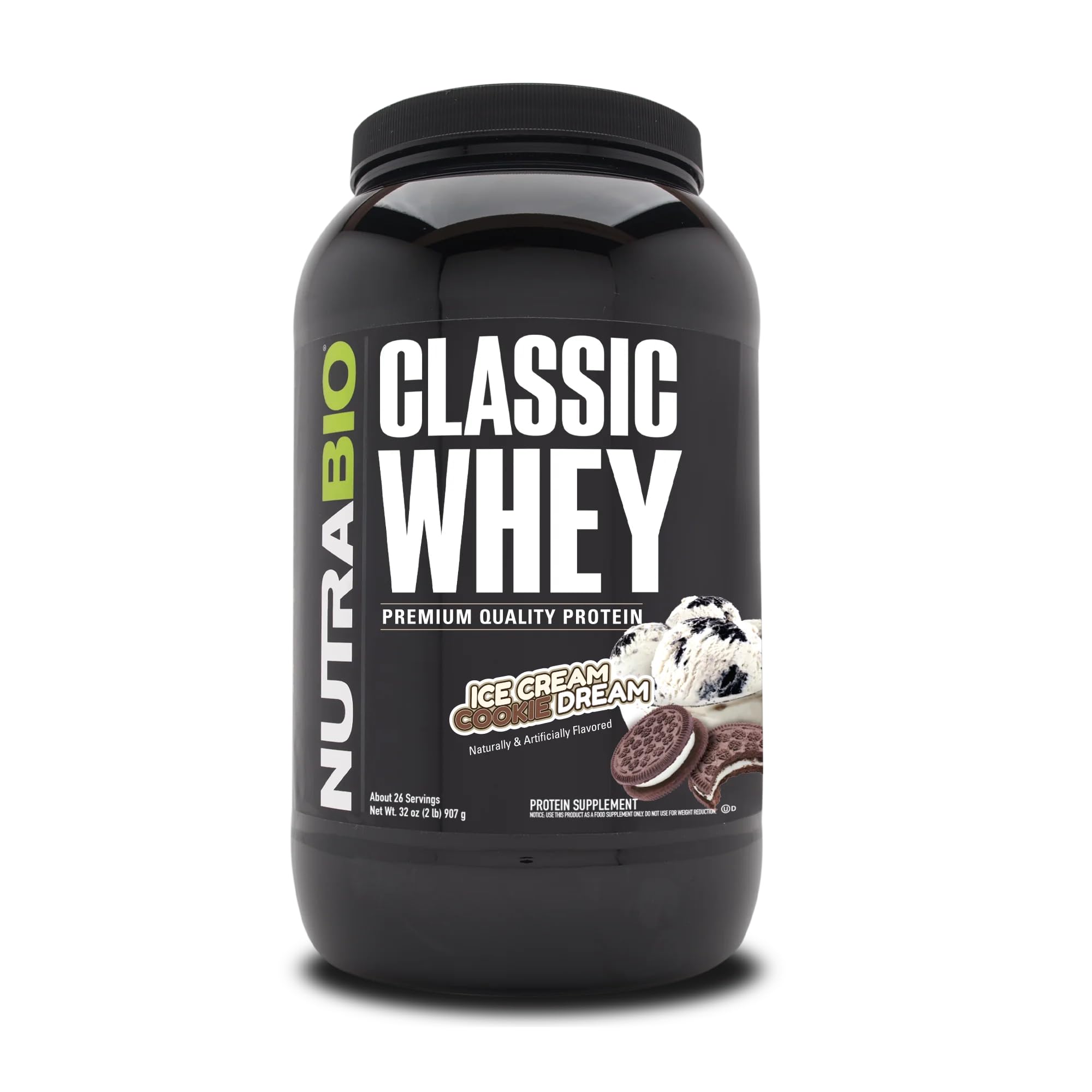 NutraBio bote frontal mostrando marca y sabor Ice Cream Cookie Dream beneficio claridad