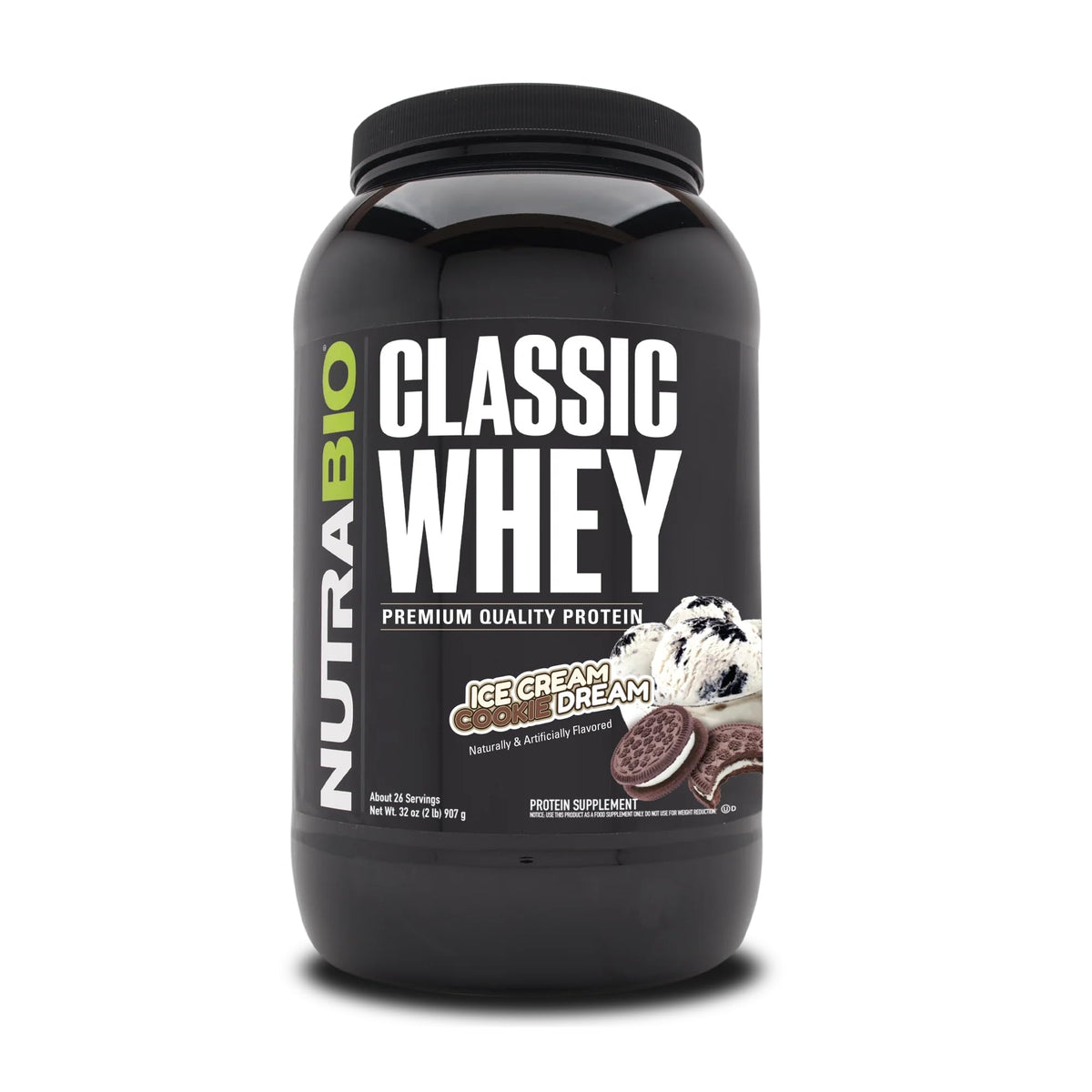 NutraBio bote frontal mostrando marca y sabor Ice Cream Cookie Dream beneficio claridad