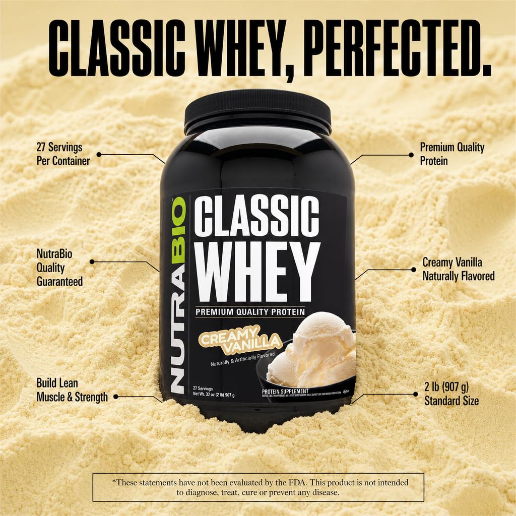 Primer plano del listado de ingredientes de NutraBio Classic Whey, sin mezclas propietarias