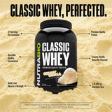Primer plano del listado de ingredientes de NutraBio Classic Whey, sin mezclas propietarias