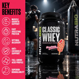 Cucharada de WPC80 mostrando fuente de proteína NutraBio y su alta calidad proteica