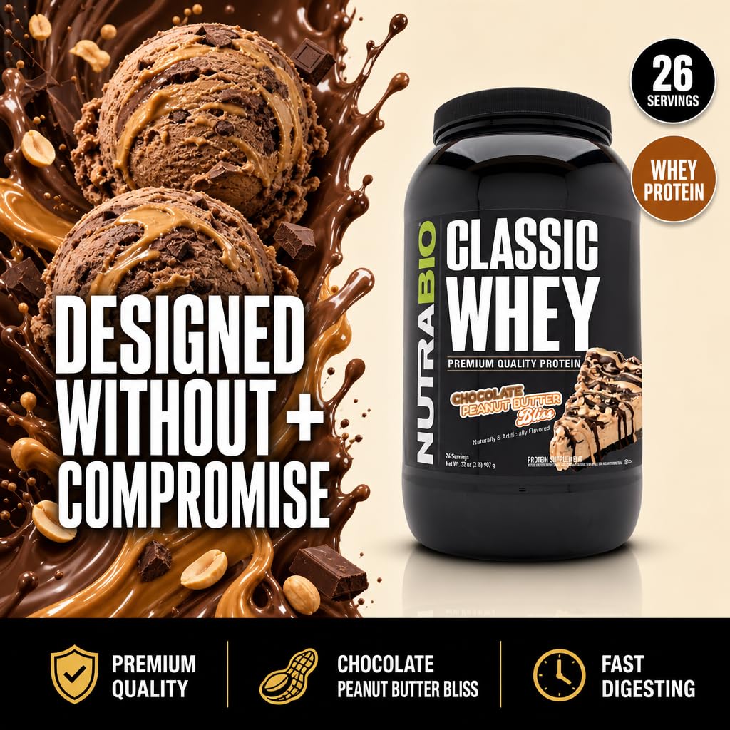 Vaso con NutraBio Classic Whey mezclado listo para beber tras entreno, recupera músculos eficientemente