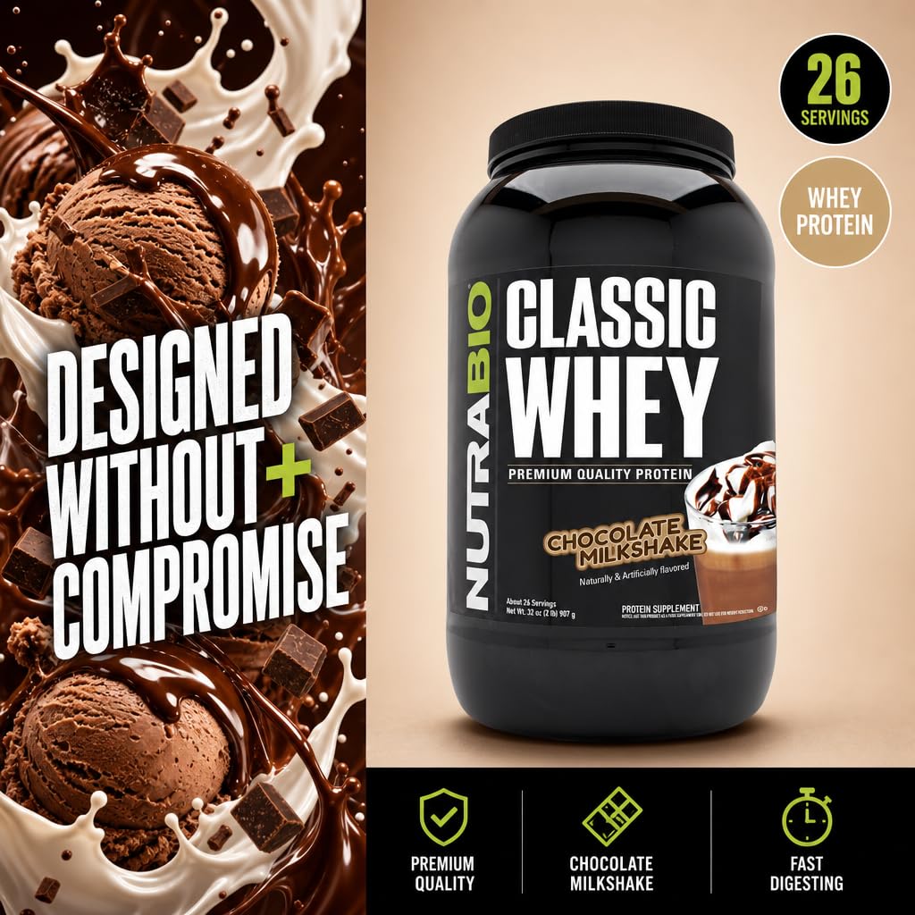 NutraBio Classic Whey scoop lleno demostrando 25 g de proteína por cucharada