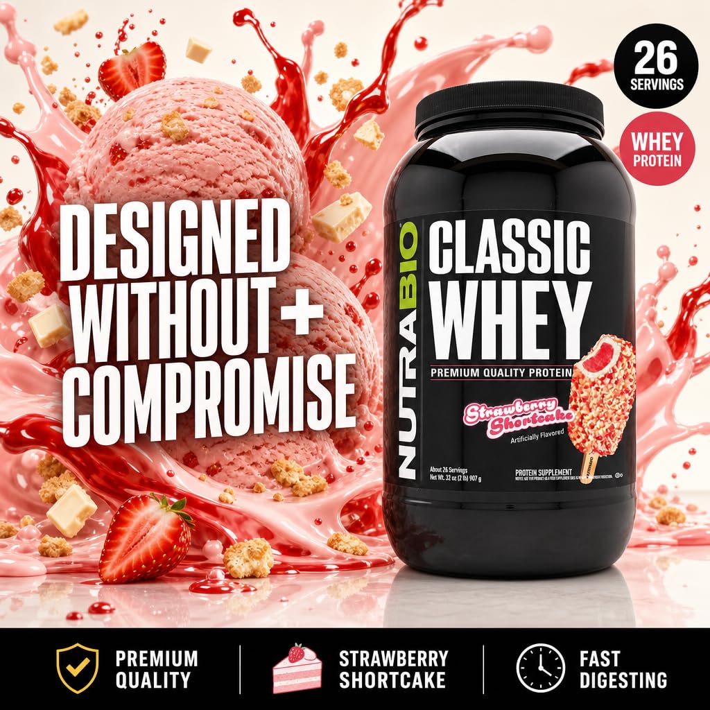 Vaso preparado de NutraBio Classic Whey sabor fresa listo para beber como opción de recuperación rápida