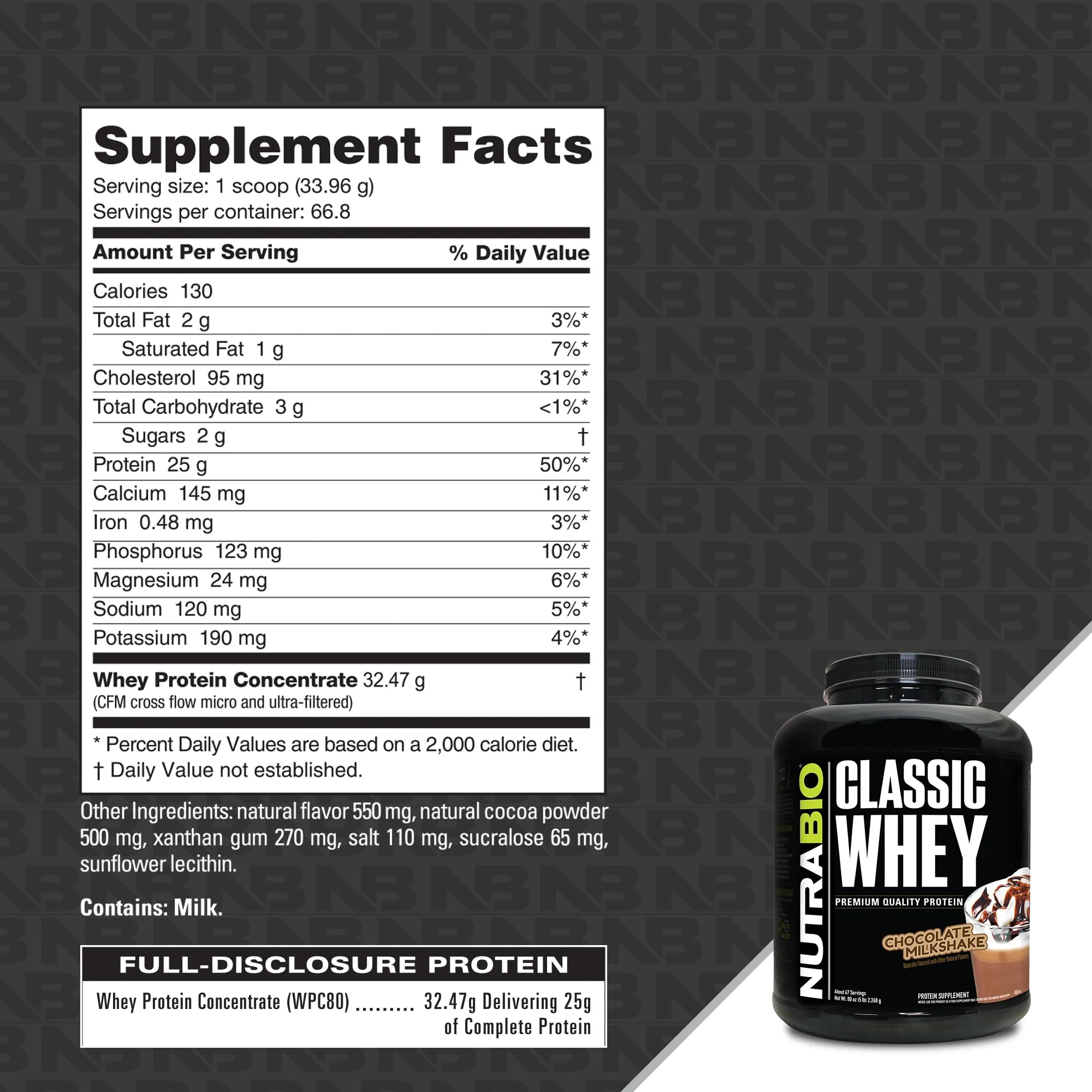 NutraBio polvo Classic Whey mostrado de cerca, textura fina para mezclar fácilmente