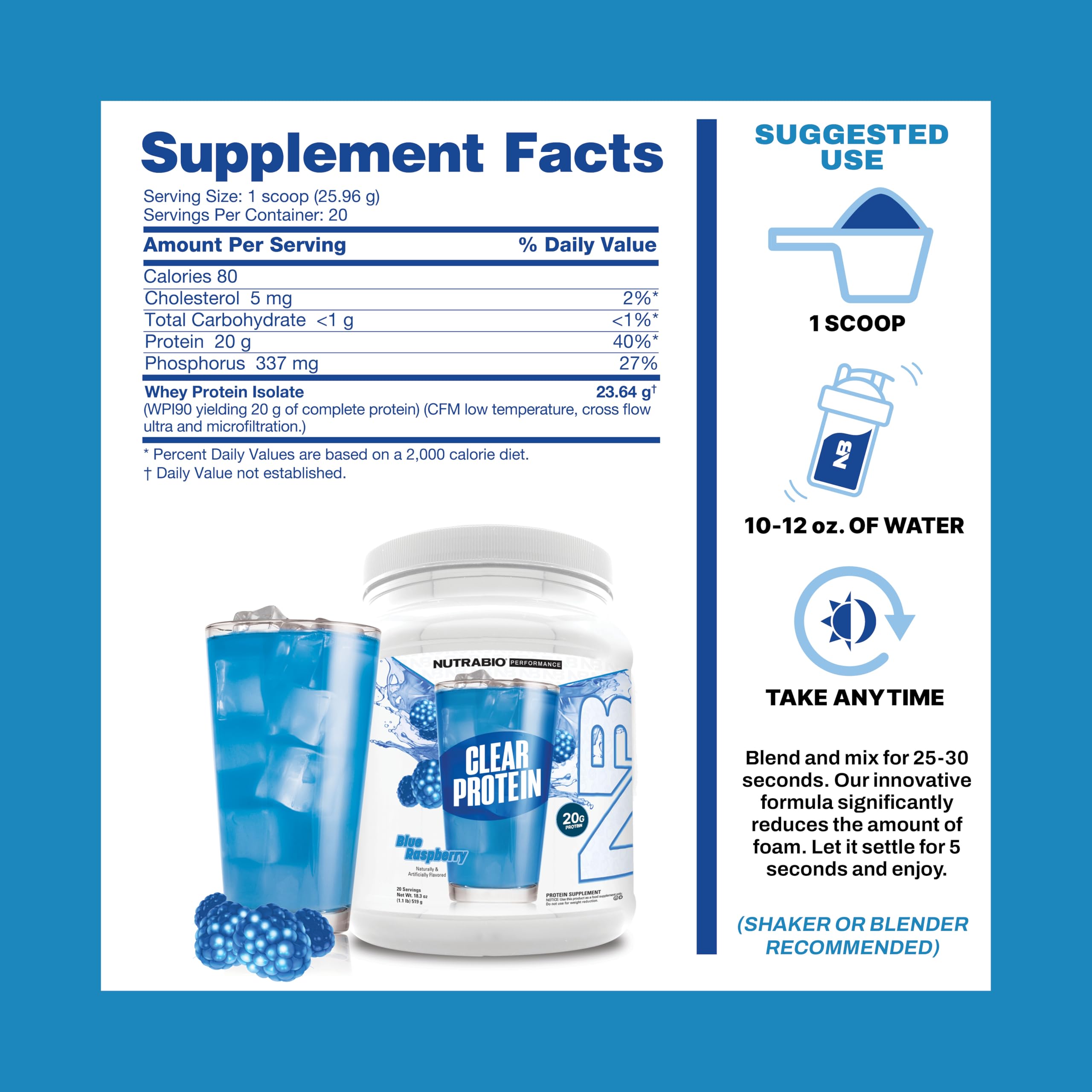 NutraBio etiqueta nutricional clara destacando 20 g de proteína