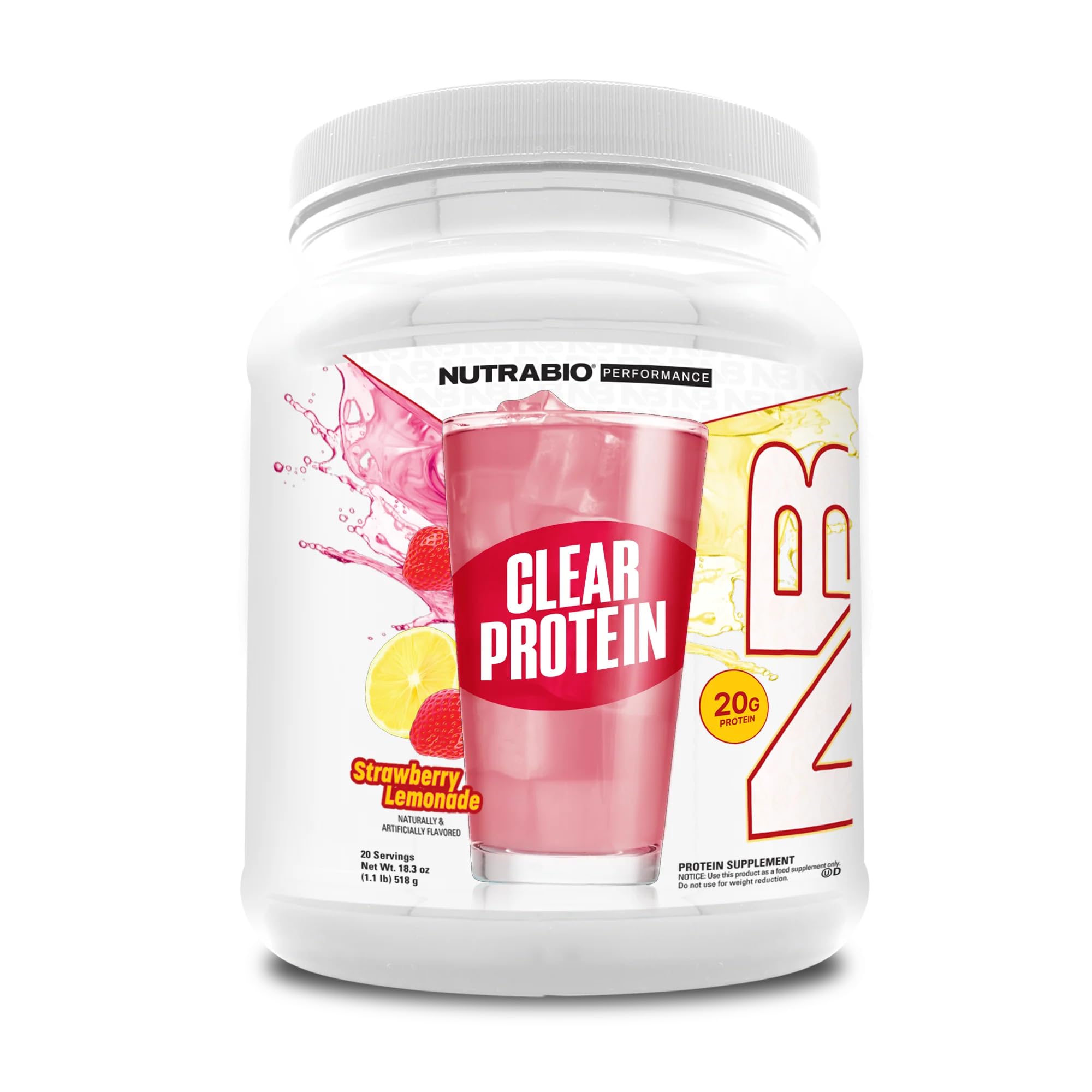 NutraBio envase frontal mostrando sabor Strawberry Lemonade y claridad refrescante